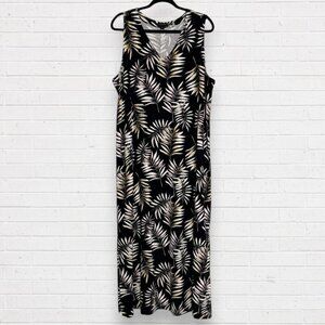 J JILL Wherever Sleeveless V-Neck Maxi Dress Black Beige Leaf Print Pattern XL